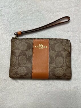 Coach Brown Signature Canvas Wristlet with Saddle Leather Stripe
